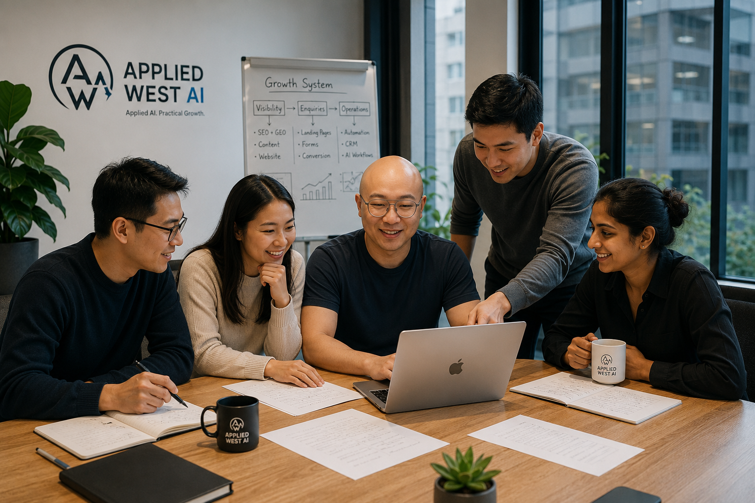 Applied West AI team reviewing a growth system together